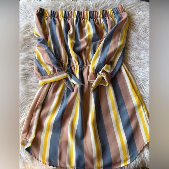 Striped Off Shoulder Dress(Blush) - Picture 1 of 3